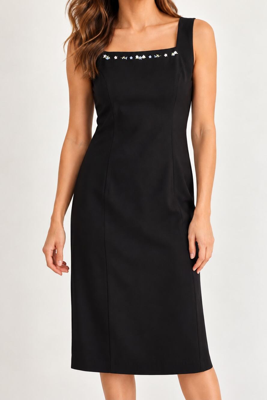 Talbots Dress 10 Black Embroidered Sleeveless Sheath 90s Y2K Preppy Career